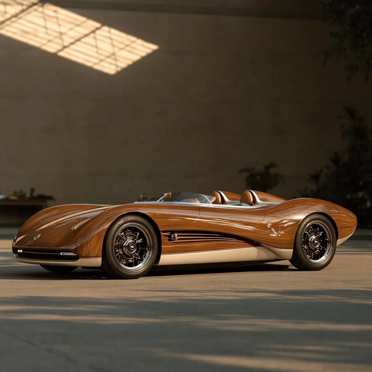 Concept roadster finished in polished wood grain.