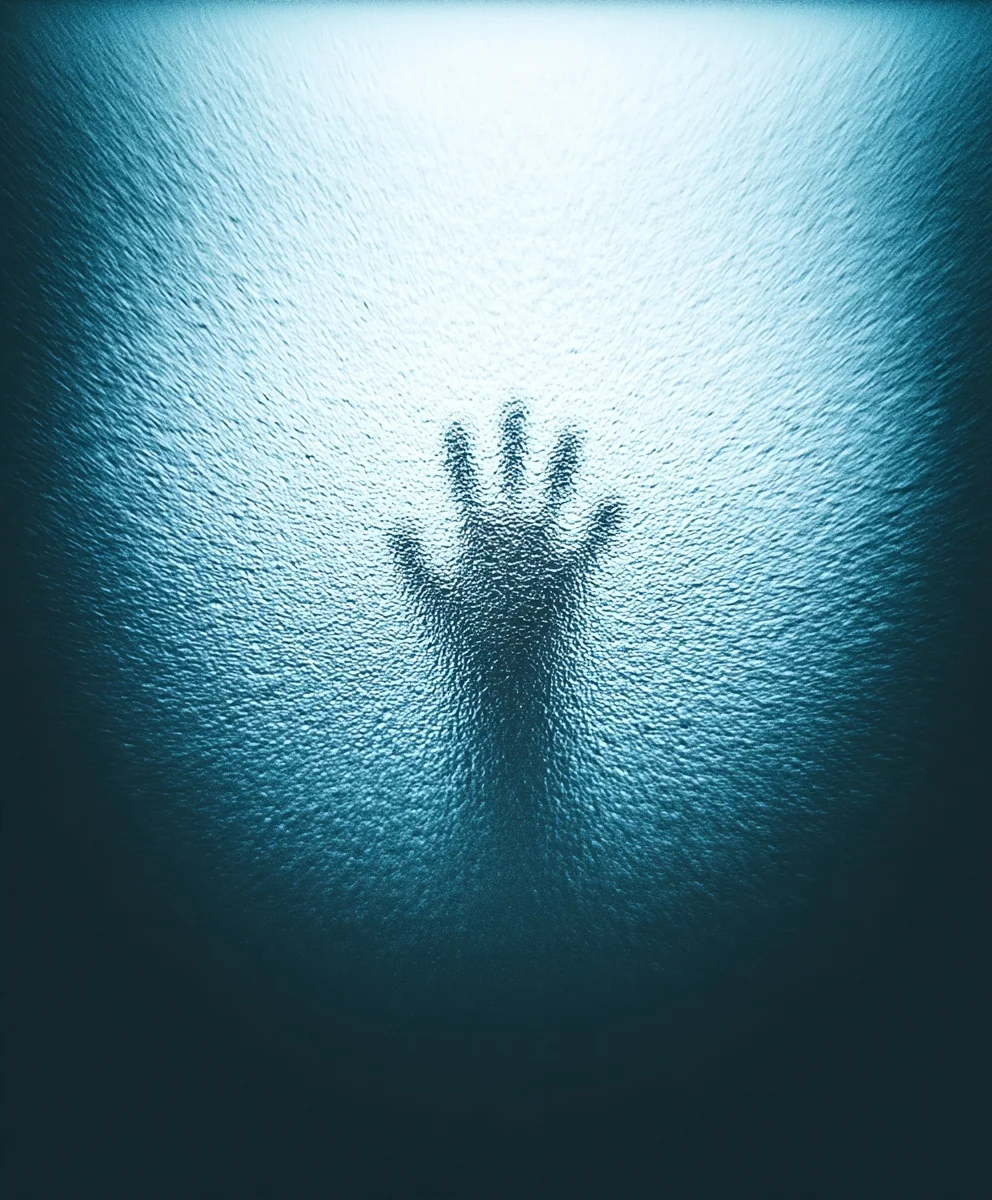 Silhouetted hand pressed against textured glass.