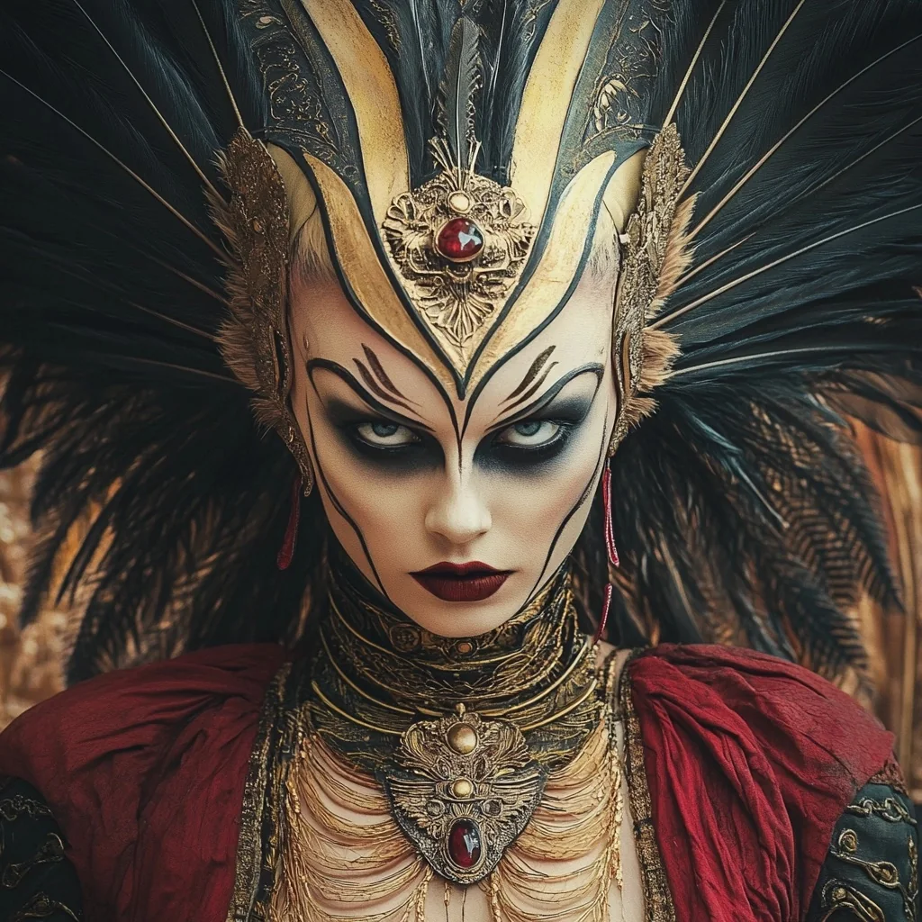 Symmetrical fantasy portrait with gold and feather headdress.