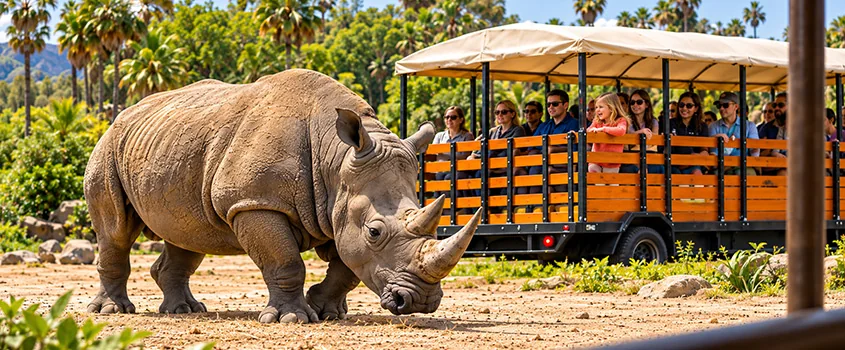 Safari vehicle, rhinoceros, and a child in a campaign still.